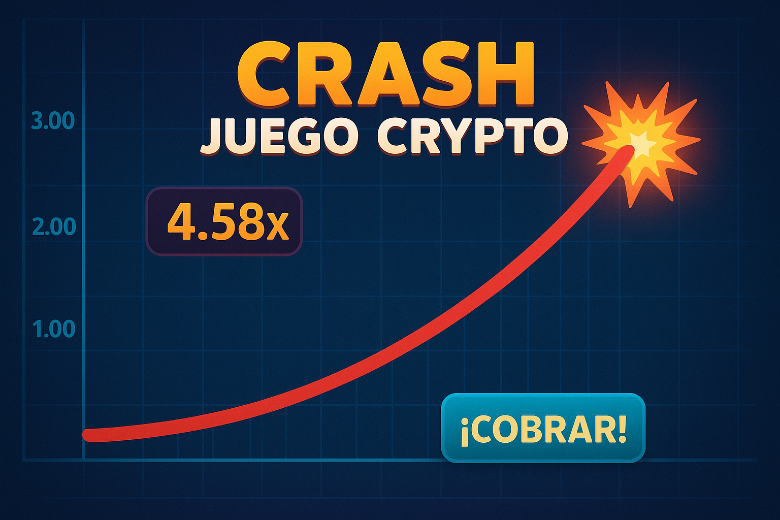 Curved line graph showing multiplier 4.58x before explosion in a crash crypto game with a “¡COBRAR!” button