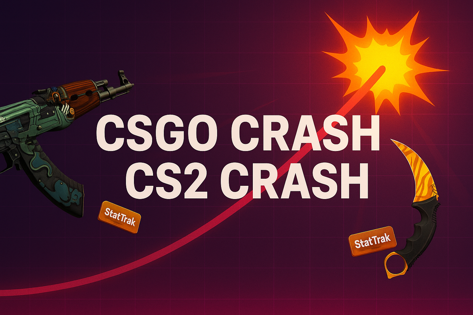 Gráfico de explosión con línea ascendente y skins de CSGO y CS2, incluyendo un AK-47 y un karambit