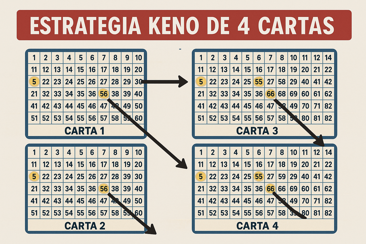 Estrategia de Keno con 4 cartas; conectando los números 5, 56, 55 y 66 entre las cartas numeradas del 1 al 4