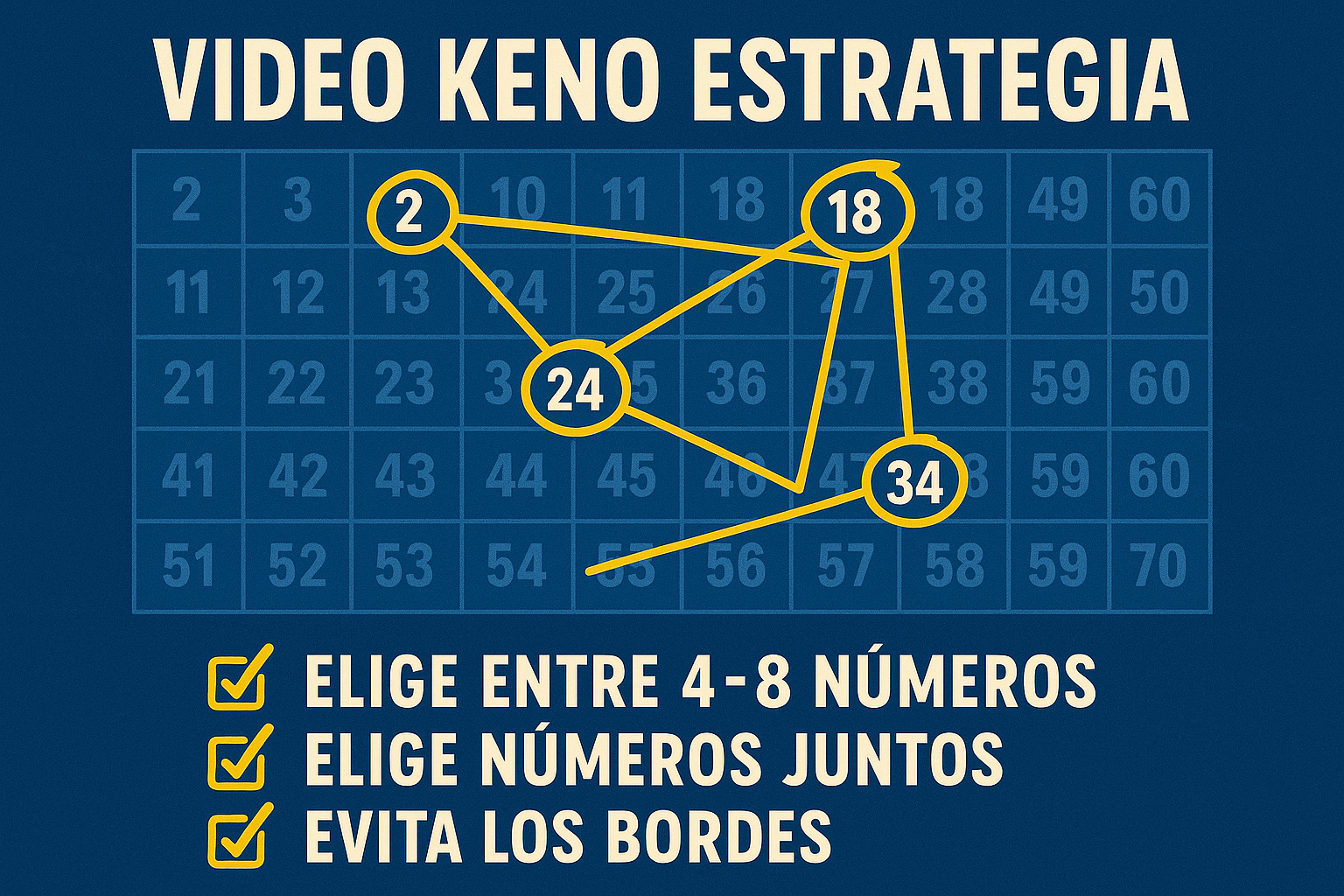 Estrategia de Video Keno mostrando números conectados en una cuadrícula con consejos