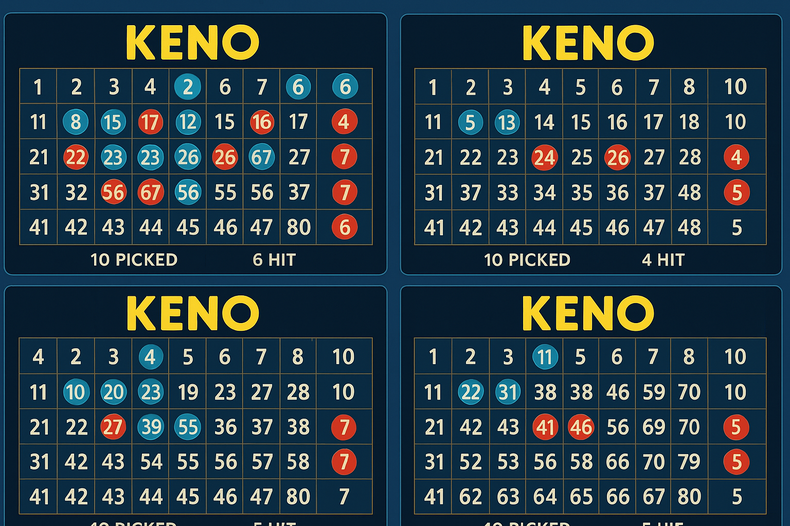 Quatre grilles de Keno avec numéros sélectionnés et touchés en cercles bleu et rouge, montrant picks et hits.