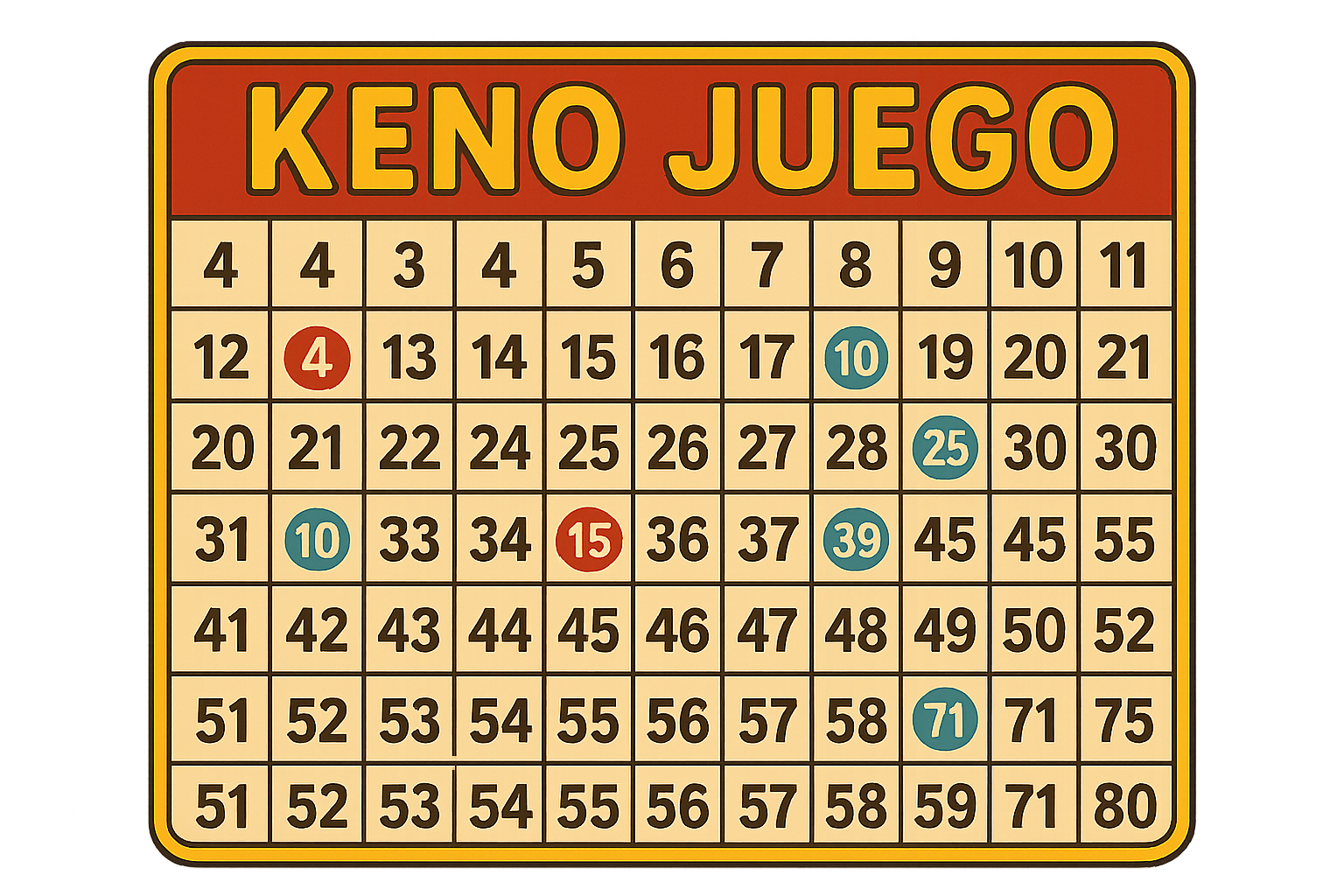 Cartón de Keno titulado "Keno Juego" con varios números marcados en azul y rojo, incluyendo 4, 10, 15, 25, 39 y 71