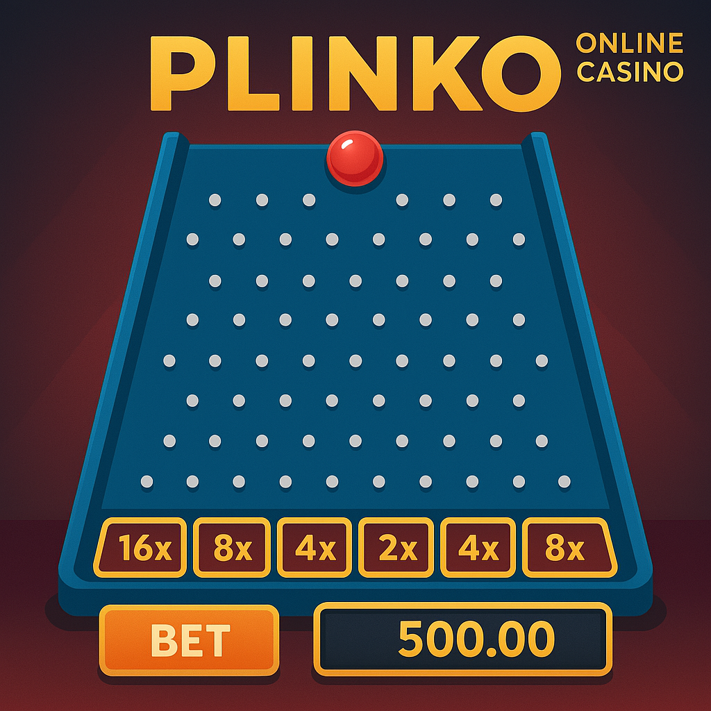 Juego de Plinko en casino online con multiplicadores y botón de apuesta sobre fondo morado.