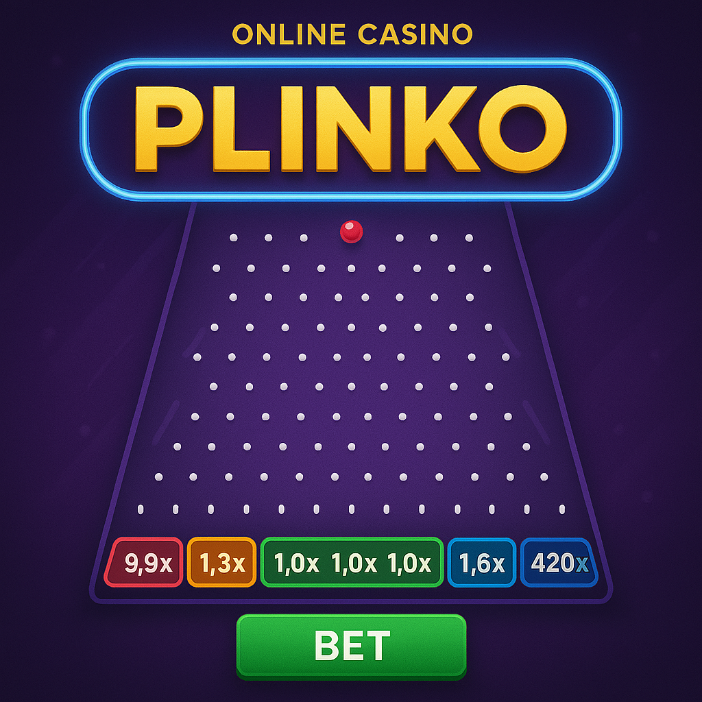 Interfaz de Plinko de casino online con valores de pago y botón de apuesta sobre fondo rojo oscuro.