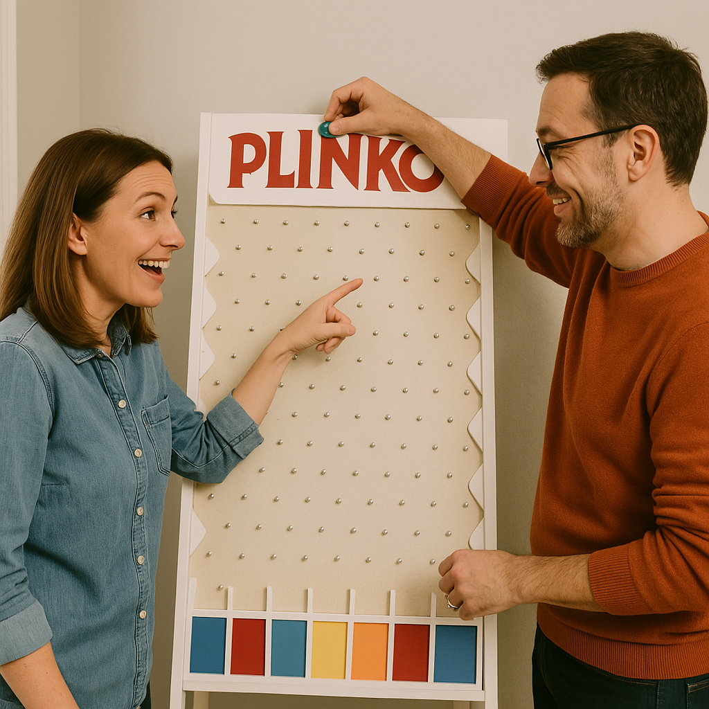 Una mujer y un hombre sonrientes se divierten jugando Plinko con un tablero moderno que tiene casillas de colores al fondo.