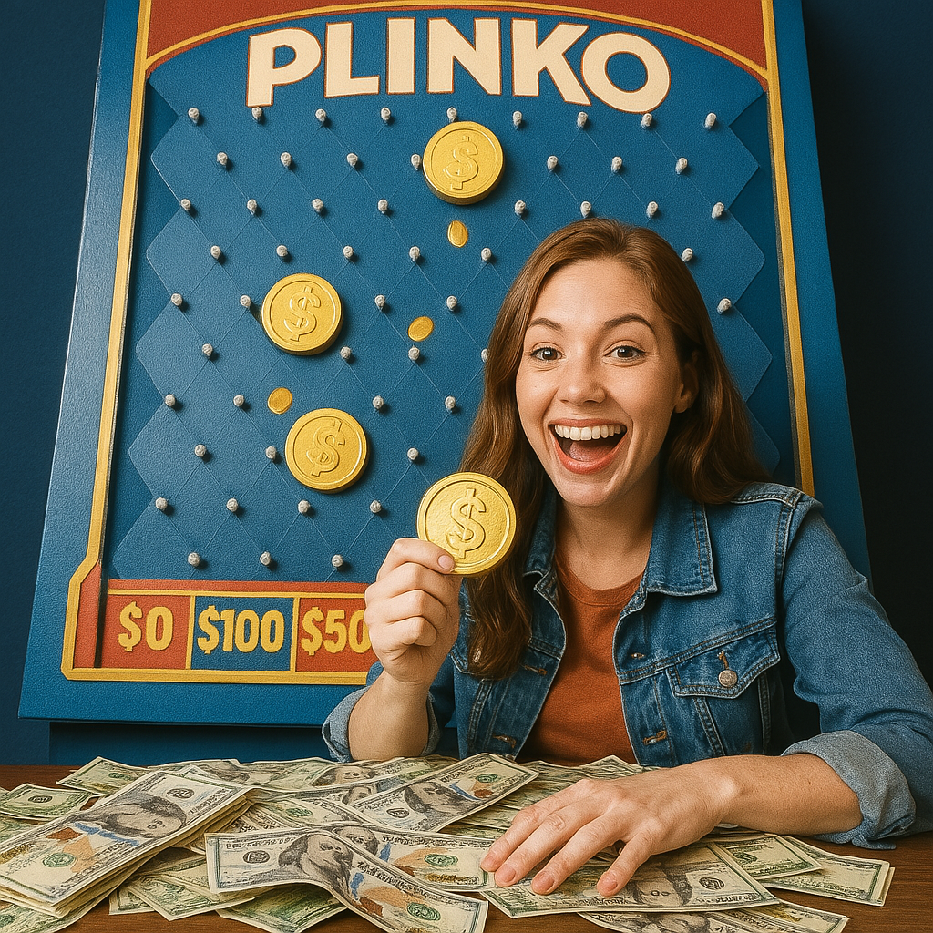 Hombre feliz lanza ficha en tablero Plinko mientras sostiene billetes en la mano.