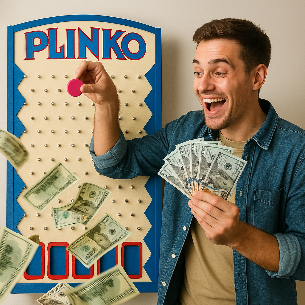 Mujer sonriente con fichas doradas frente a un tablero Plinko y billetes sobre la mesa.