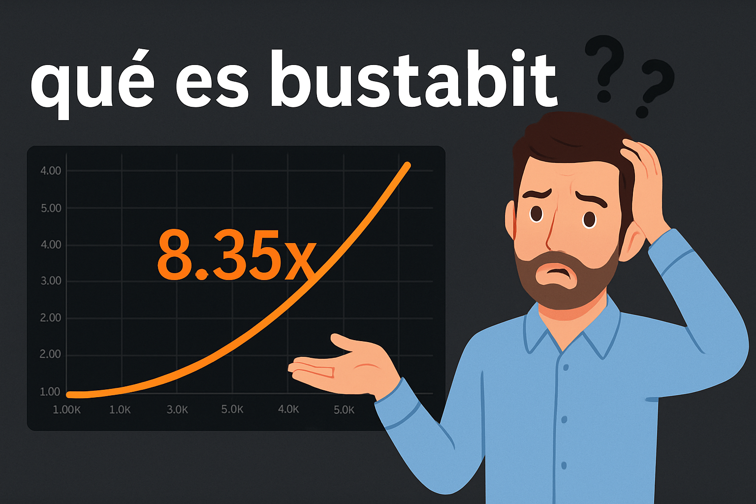 Hombre confundido junto a una gráfica ascendente de Bustabit que marca 8.35x con el texto