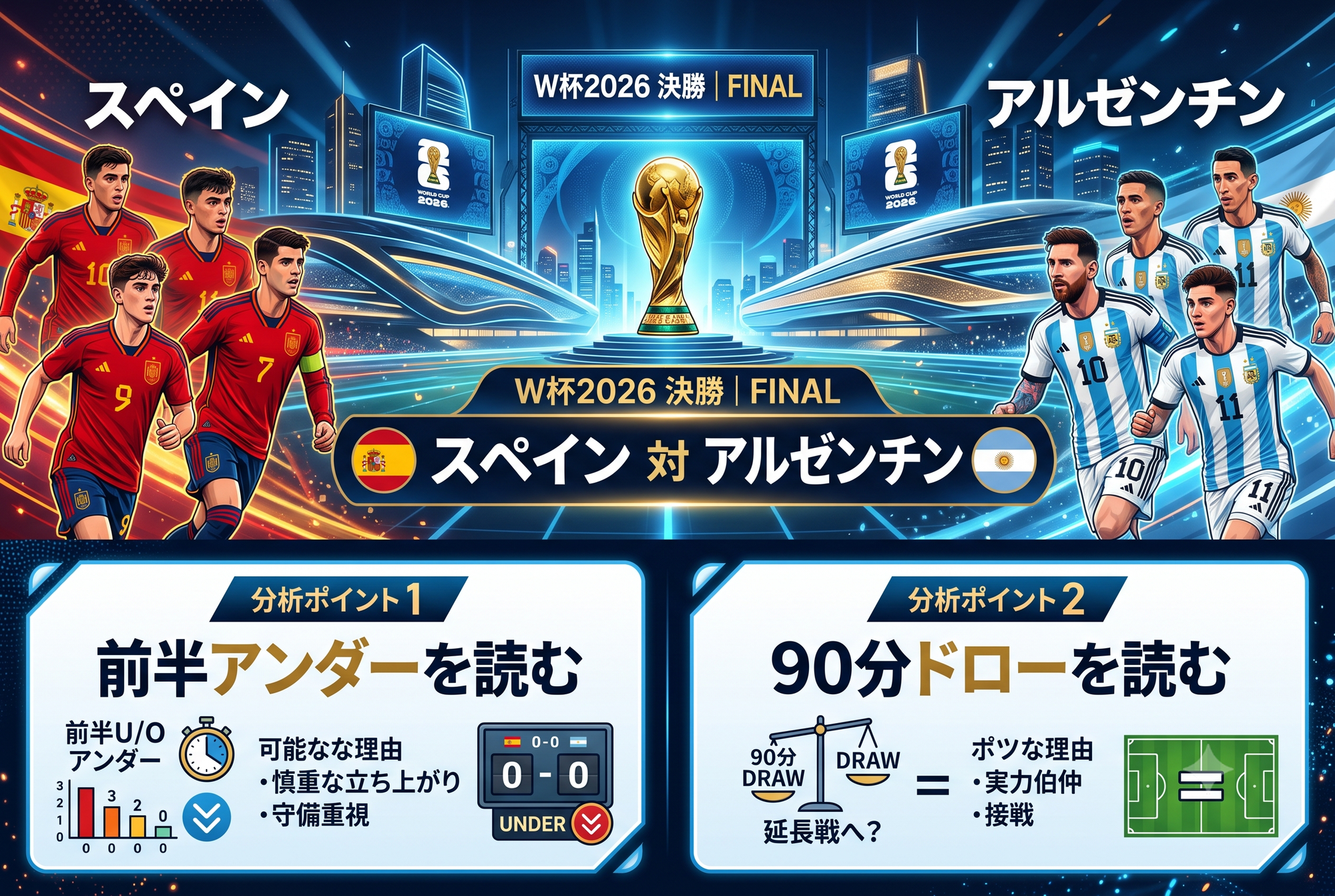 【W杯2026】スペイン対アルゼンチンはロースコアになる?前半アンダーと90分ドローの見方